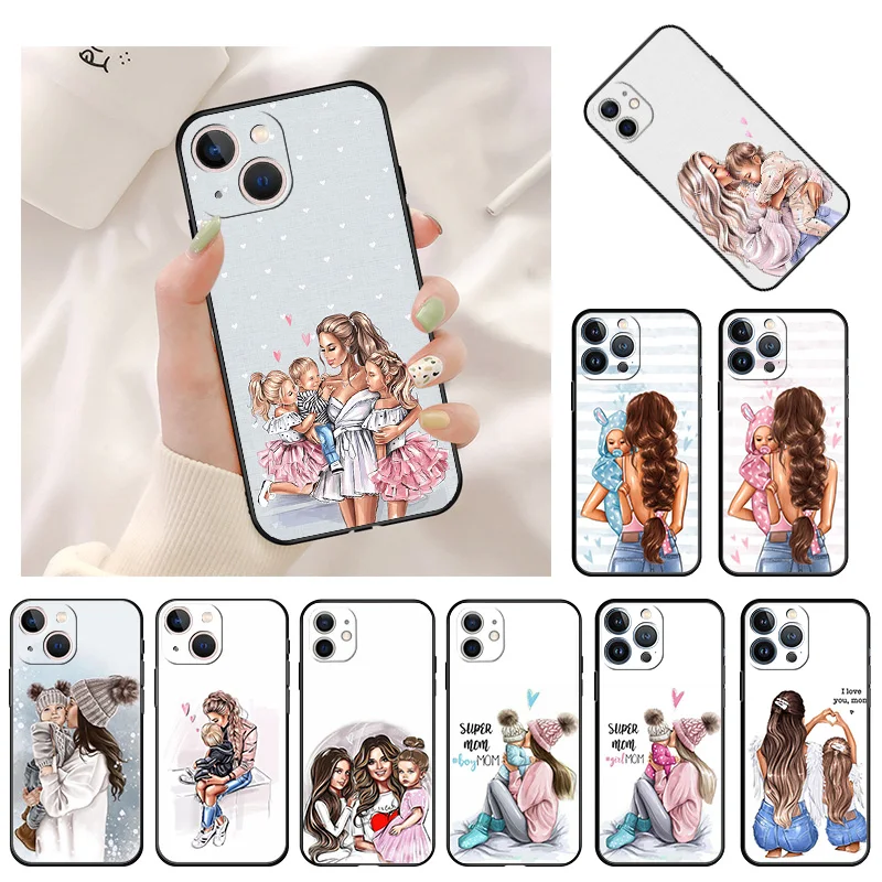 Brown Hair Baby Mom Girl Son Case Iphone 13 12 Black Soft Case Iphone