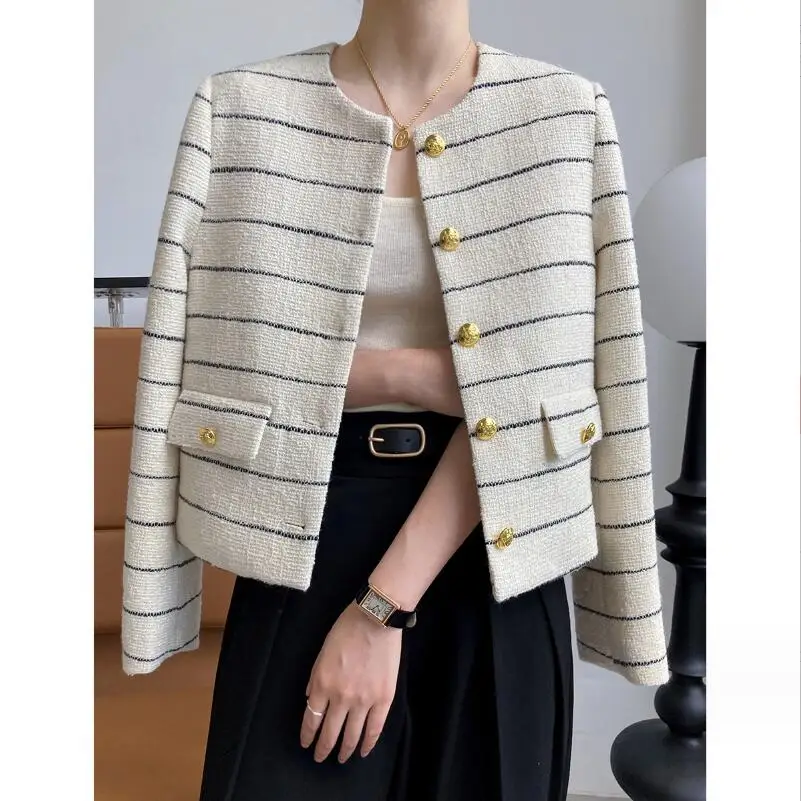 

Women's Striped Flap Detailed Gold Button White Tweed Short Jacket 2023 Autumn Winter Female Casual Coat w780