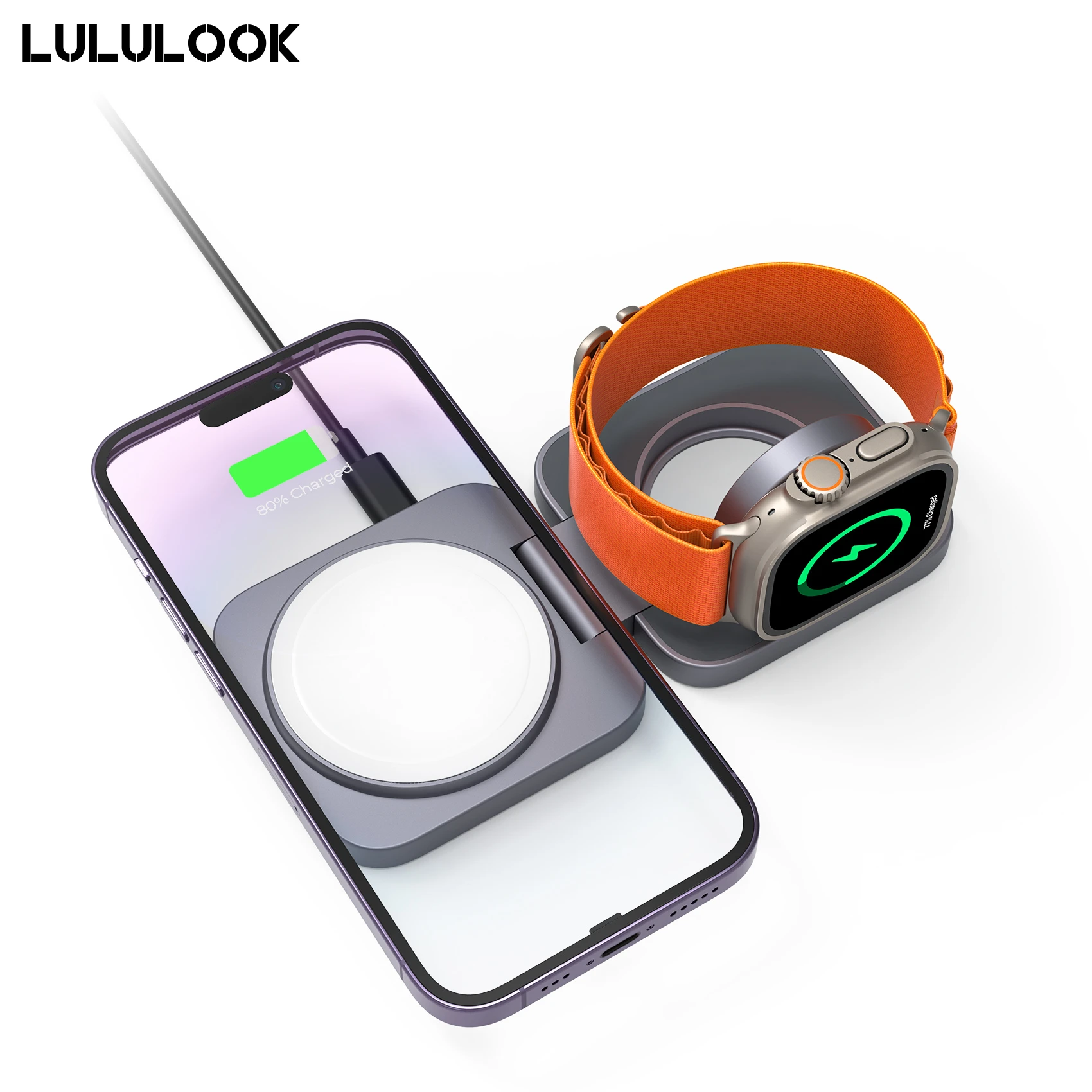 LULULOOK-Estação de Carregamento Sem Fio Magnética Dobrável, 2 em 1, Alumínio Completo, iPhone 15, 14 Pro Max, 13,AirPods,iWatch 8, 7, 6, 5, 4, 3