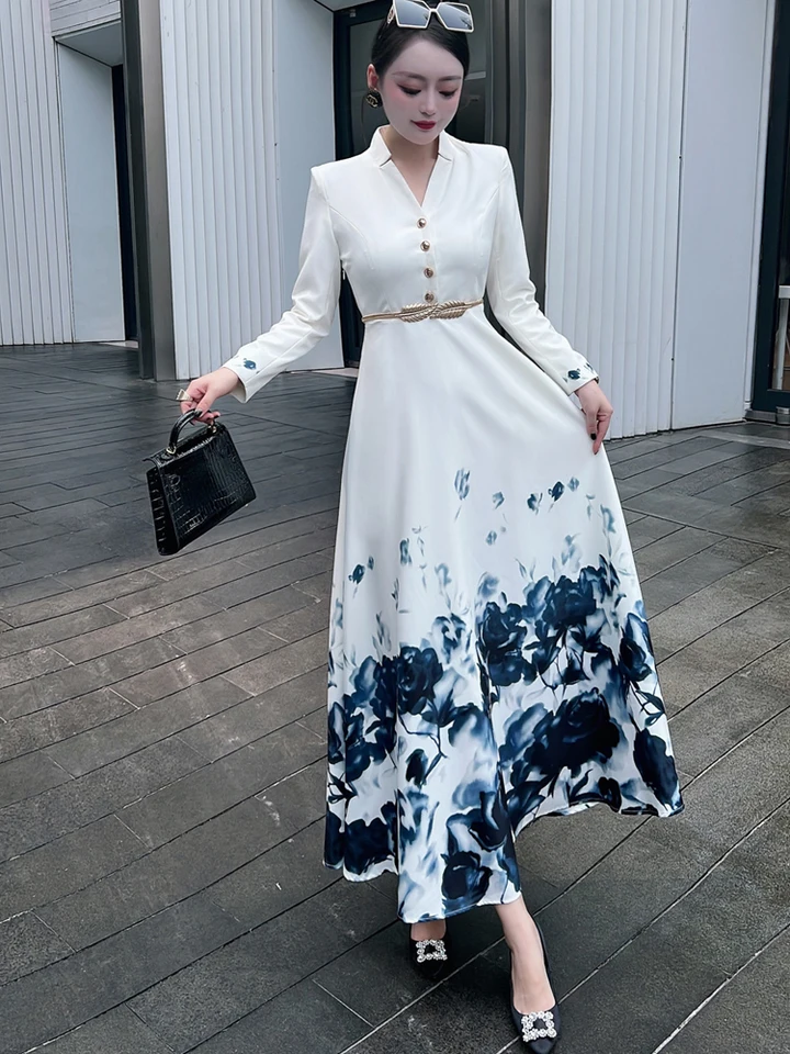ZJYT Fashion Runway Designer Floral Print Long Maxi Dress for Women 2025  Autumn Elegant Full Sleeve White Party Dress Vestidos - AliExpress 200000345