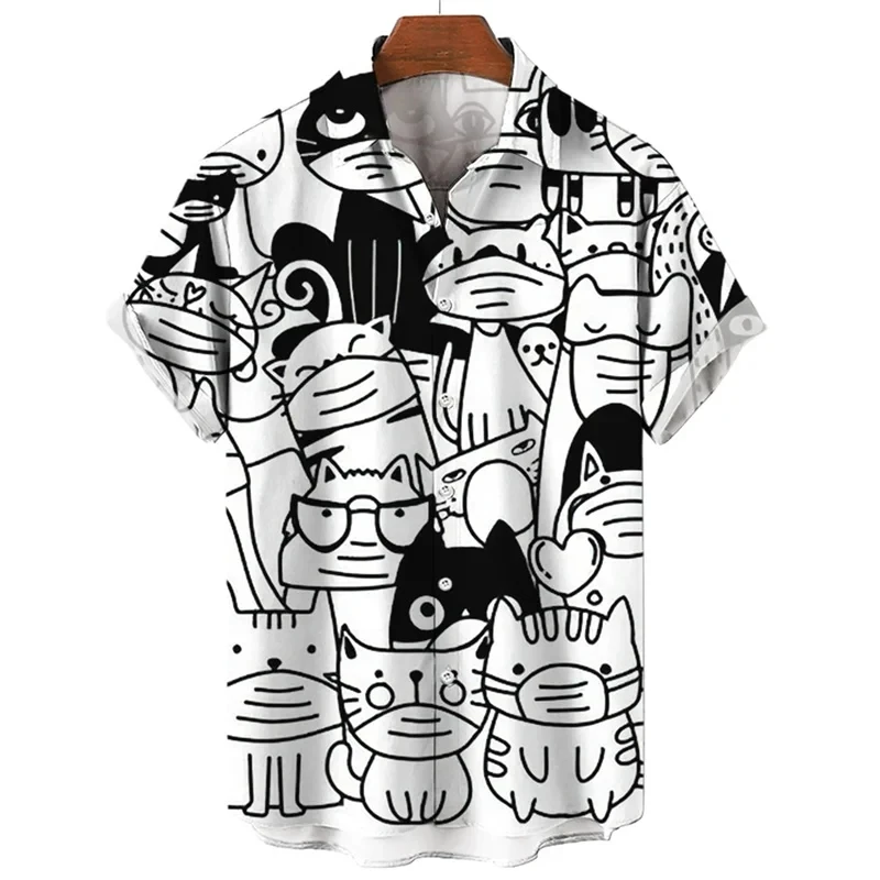 thumbnail image 1 of Camisa con estampado de gato de dibujos animados en 3D para hombre, cómoda, de verano, de manga corta, informal, holgada, de secado rápido, hawaiana, 1 of 5