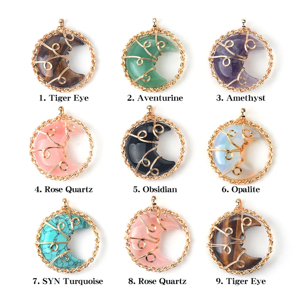 5PCS Natural Stone Moon Pendant Reiki Healing Crystal Agate Necklace Exquisite Jewelry Accessories Reiki Necklace for Women