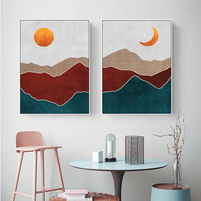Arte minimalista abstracto, sol, luna, lienzo nórdico moderno, póster e  impresiones, paisaje de bosque nocturno, cuadro de pared, pintura -  AliExpress