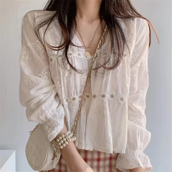 Women Fashion V-neck White Women Blouse Spring Flower Loose Hollow Shirt Korean Elegant Sweet Long Sleeve Short Tops Blusas 1