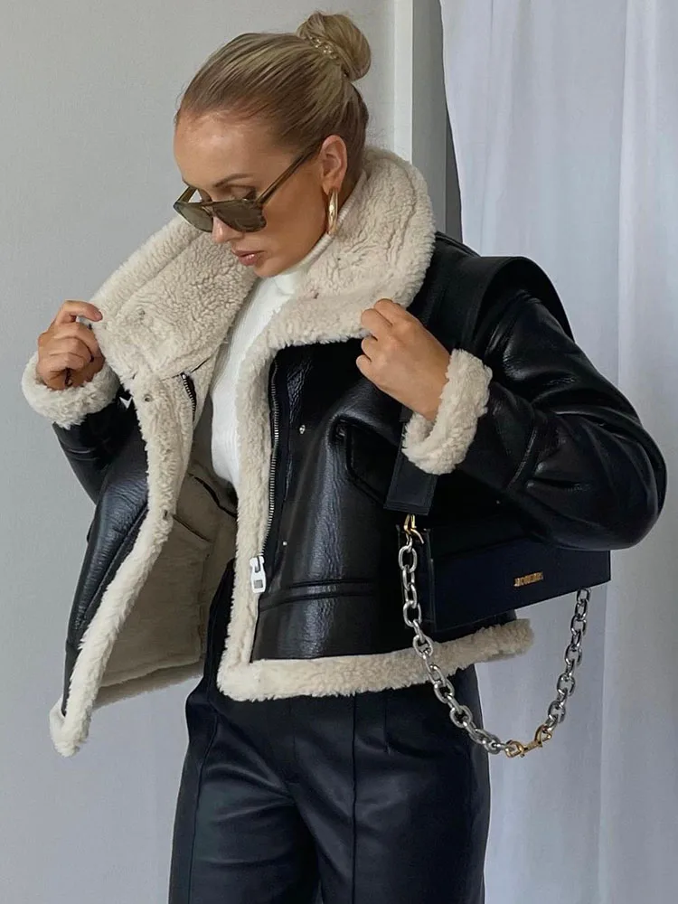

CamKemsey Thick Warm Lambswool Winter Coats Women Chic Buckle Locomotive Collar Vintage Black Faux Leather Shearling Jackets