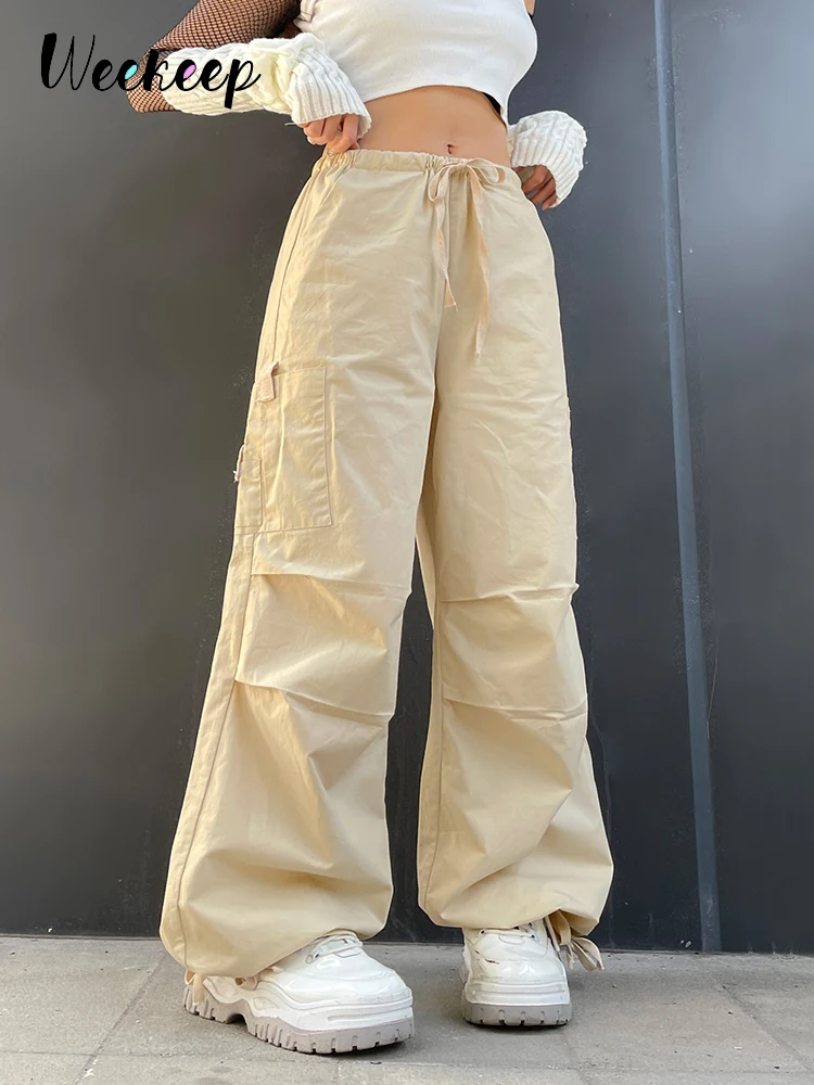 Weekeep Light Khaki Cargo Pants Streetwear 100% Cotton Big Pocket Patchwork Casual Pants Drawstring Low Waist Baggy Trouser Lady