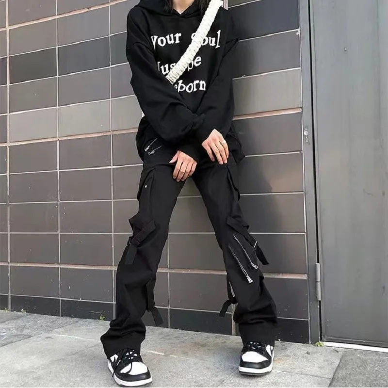 

Kpop Y2k Track Pants for Men Fashion Joggers Zipper Ribbon Black Streetwear Punk Unique Chic School Student Male Trousers
