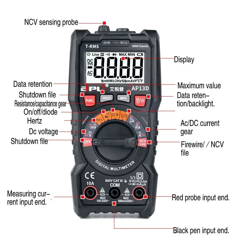 Multimeter AP13B AP13C Digital Mini Multimeter AC DC Voltage Ammeter Ohm NCV 6000 Counts TRMS Multi Tester