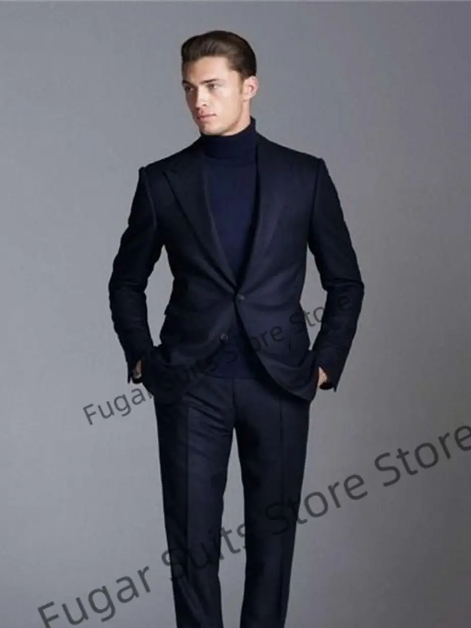 

Деловые темно-синие свадебные костюмы для мужчин, облегающие деловые смокинги для жениха с пиковым отворотом, роскошный мужской костюм из 2 предметов, блейзер