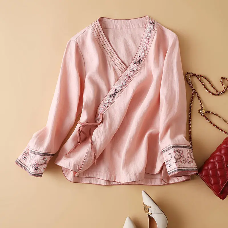 

2024 autumn new chinese style women blouse cotton and linen embroidery women comfortable shirt cross neck oriental hanfu blouse