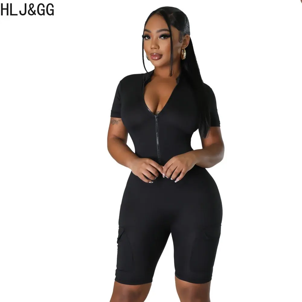 HLJ&GG Sexy Zipper Bodycon Rompers Women Deep V Skinny Shorts One Piece Jumpsuits Summer Casual Solid Color Jogger Overalls 2023