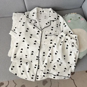 2026 Pajamas Women's Summer Short-Sleeved and Shorts Cute Cartoon Cardigan Ladies Sleepwear Homewear Love Print Breathable