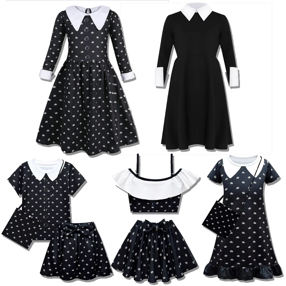 

Girls Wednesday Addams Family Cosplay Costume Vintage Gothic Outfits Halloween Clothing Kids Morticia Addams Printing Dress