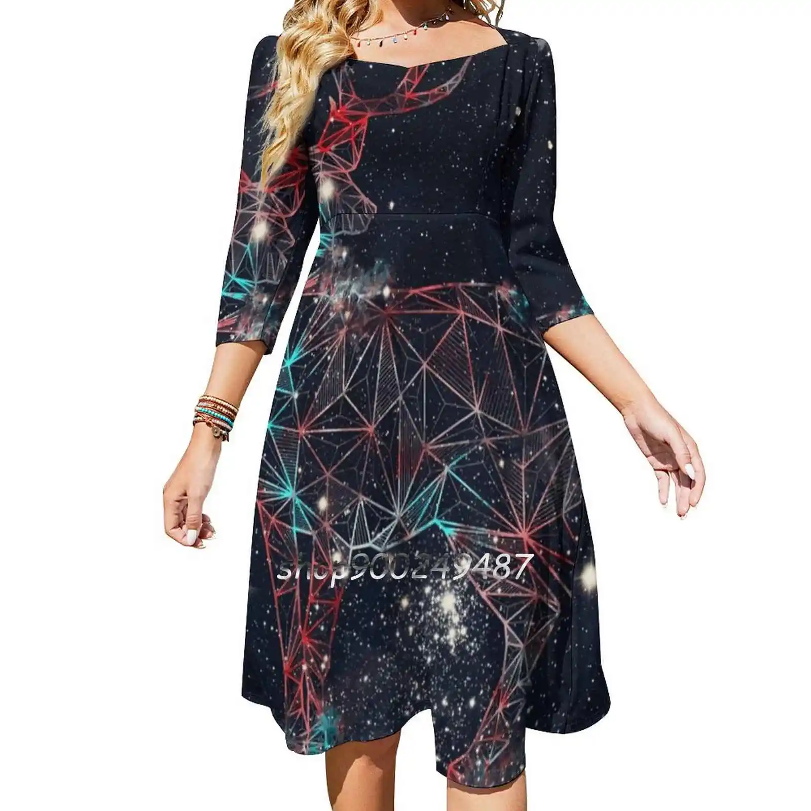 Abito Collo Quadrato Cervo Celeste Dolce Abito Estivo Donna Elegante Abito Stampa Halter Cervo Animale Natura Foresta Galassia Cielo Stellato