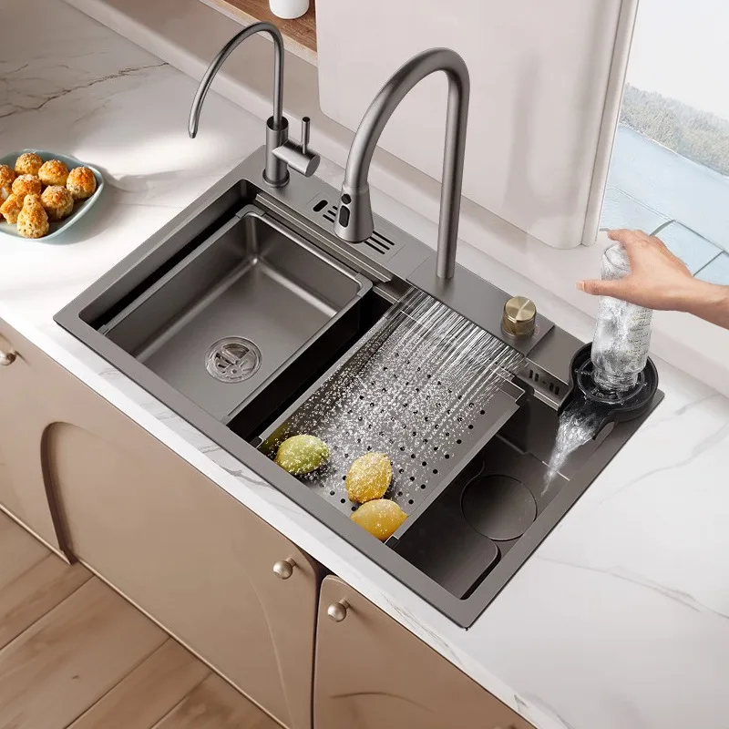 Kitchen Sink 304 Stainless Steel Waterfall Sink Nano Large Single Sink Anti-Scratch Counter Top Sink with Knife Holder