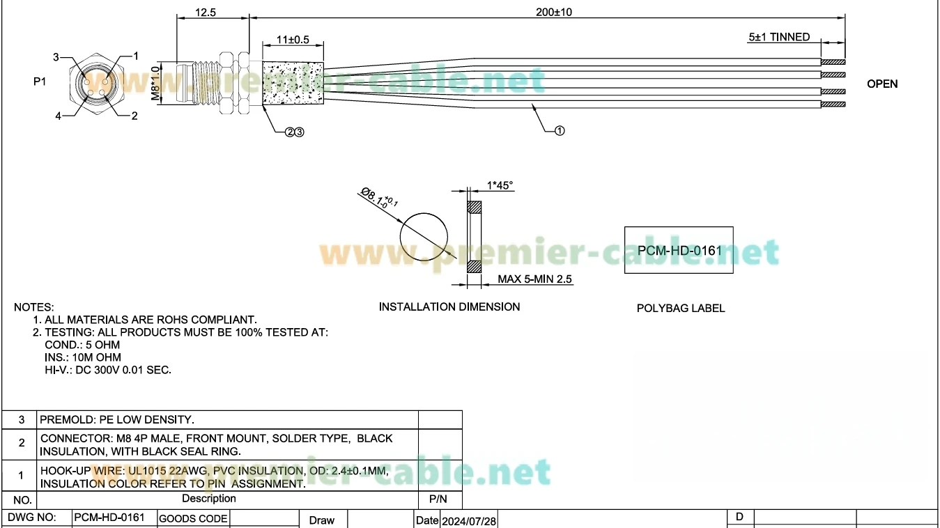 IP67 M8 A-Code 4Pin Stecker Buchse Kabel Frontplatte Montage Sensor Rundes Elektrokabel mit Vormontage-Pigtail – Detail 1