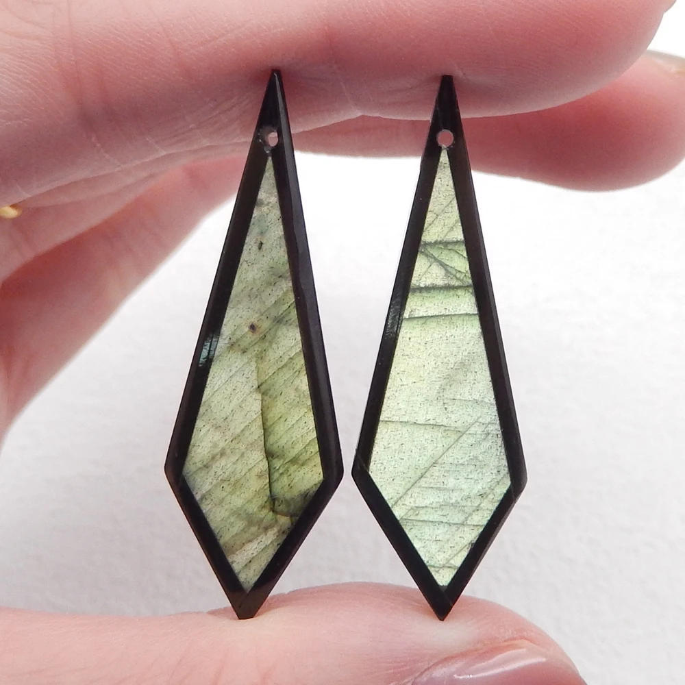Natural Obsidian and Labradorite Intarsia Earrings Bead for Jewelry Making, DIY 40X13X4mm, 5g