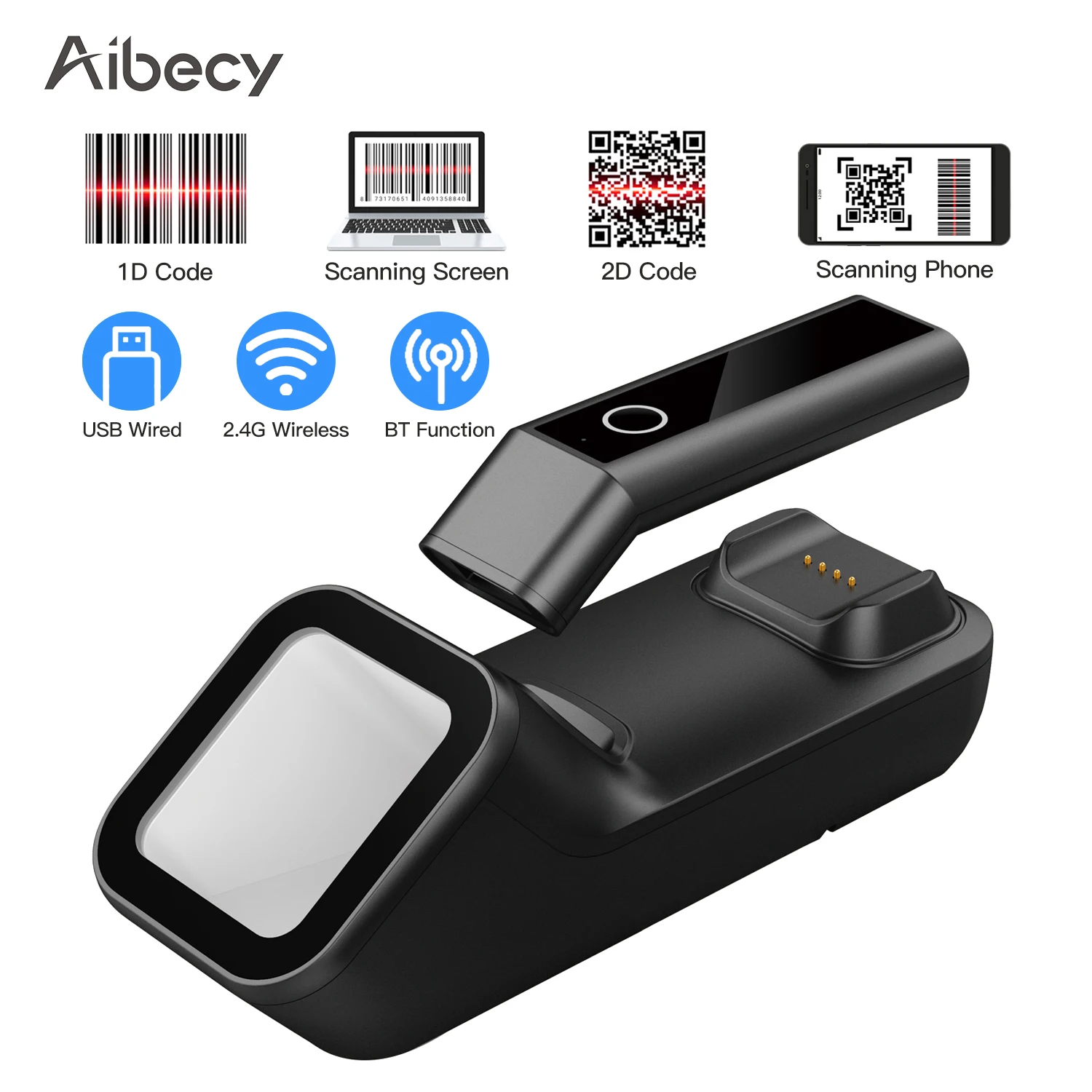 Barcode Scanner Aibecy 3-in-1 Barcode Scanner Handheld 1D/2D/QR Bar Code Reader Support BT 2.4G Wireless USB Wired Connection for Supermarket