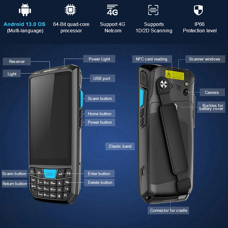 Barcode scanner, handheld PDA Android 13 terminal, touch screen, 4G Lte Wifi Bluetooth GPS, rugged data collector