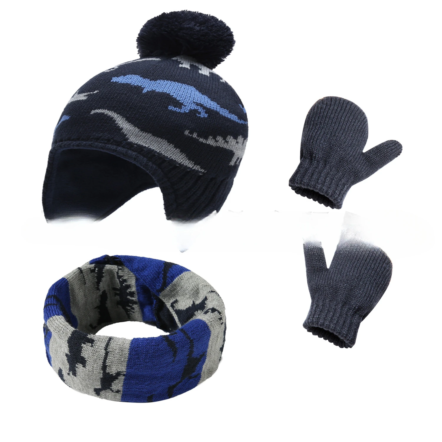 Popular Autumn and Winter Cartoon Cute Dinosaur Hat Bag Cover Children's Knitted Hat Gloves Scarf 3-piece Set