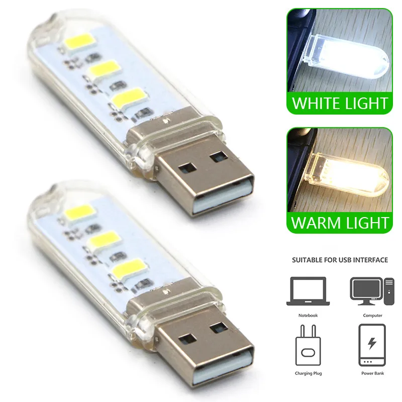 1pcs 3 LED USB 5V LED Light Portable Ultra Bright Mini Computer Lamp Book Lamp USB Power Charger Reading Light Warm White