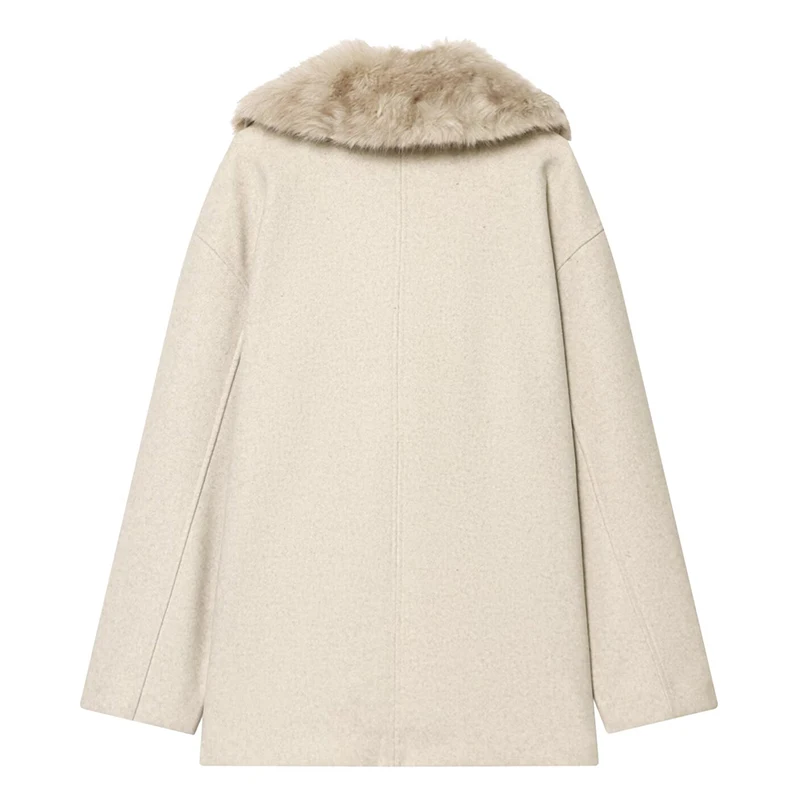 Women Woolen Jacket 2025 Autumn Winter Fur Collar Long Sleeve Women's Coat Belt Loose Female Casual Outerwear Retro Lady Tops