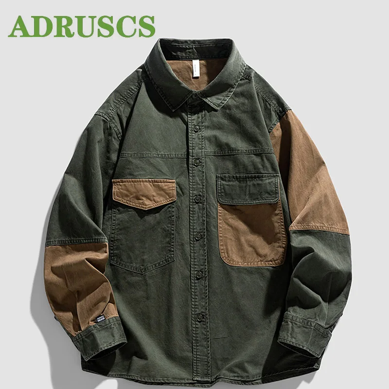 

2023 Spring Fall Fashion Men's Vintage Patchwork Asymmetrical Chic Long Sleeve Cargo Shirts Dual Pockets Casual Loose Lapel Tops
