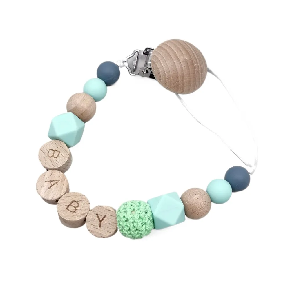 Personalized Name Pacifier Clips Wooden Flat Beads Handmade Toddler Teething Soother Chain Nipple Clip Dummy Holder