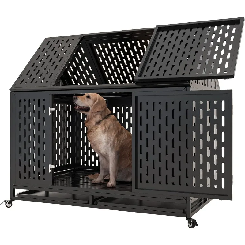 

Heavy Duty Dog Crate Dog Cage, 45" Indestructible Metal Dog Kennel Lockable for Medium Large Dogs with Sturdy Door Lock