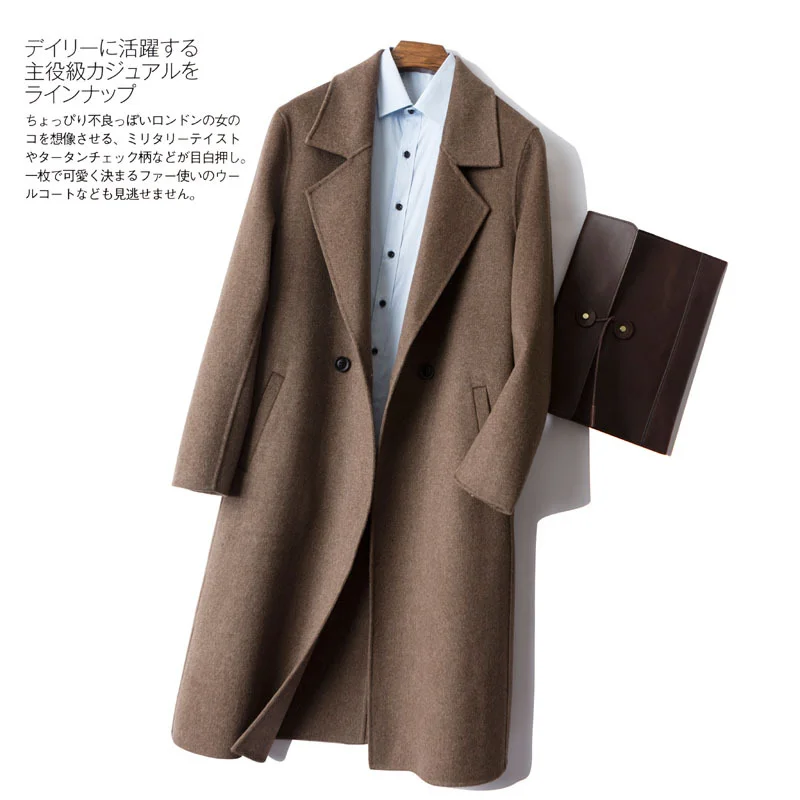 Men's 100% Wool Double-Sided Coat Lapel Double Breasted Long Trench Coat Woolen Coat Pea Coat Warm Soft Overcoat Winter Coat