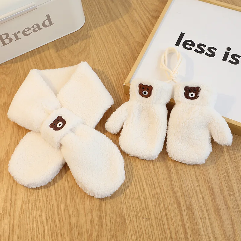Bear Winter Baby Scarf Gloves Set Faux Lamb Wool Korean Warm Kids Neck Warmer Mittens Children Boys Girls Accessories 2-6Y