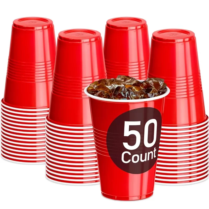 כוסות פלסטיק למסיבות בנפח 16 אונקיות, 50 כוסות פלסטיק לשימוש חד פעמי, כוסות אדומות ממוחזרות עם קווים למילוי למסיבות, שתייה, ברביקיו ופיקניקים