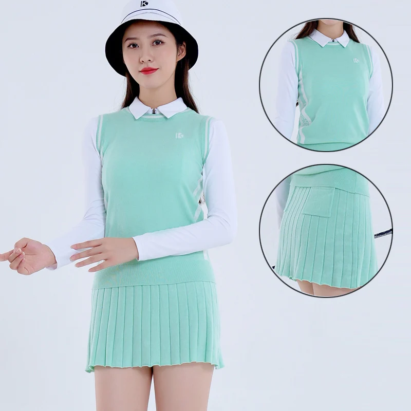 

DK Women Slim Knitted Golf Vest Warm Sleeveless Sport Waistcoats Ladies Pleated High Waist Skorts Winter Anti-light Golf Skirt
