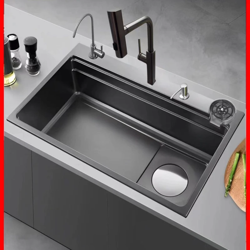 

Stainless steel sink, stepped large single groove, nano black crystal, millet grain embossed vegetable washing basin