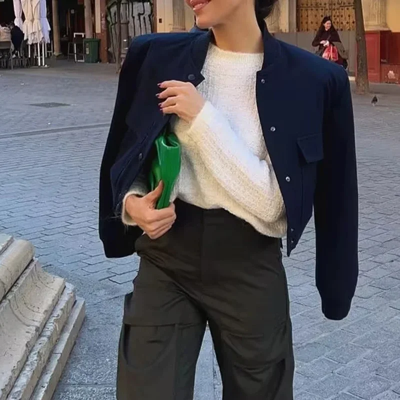 Women's Bomber Jackets Coat Crop Outwear Armygreen Long Sleeve Coat With Pocket Solid azatrafins Woman Jacket Navy Blue Jackets