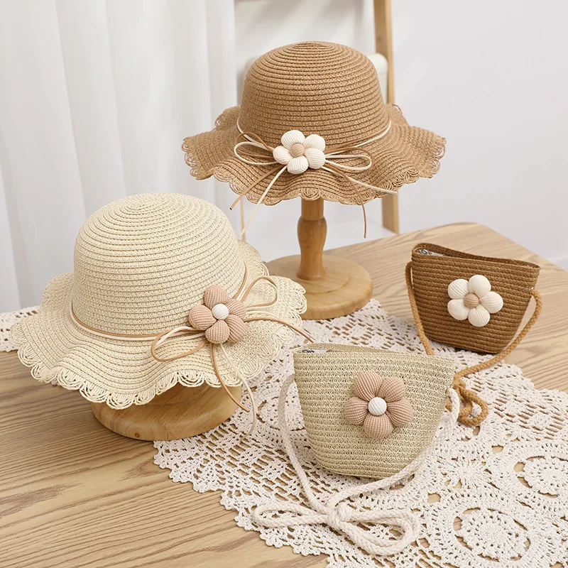 Kids Girls Flower Summer Caps Fashion Children Sunscreen Sun Hat Straw Hat Bag for Beach Baby Accessories for 2-8 Years Kids