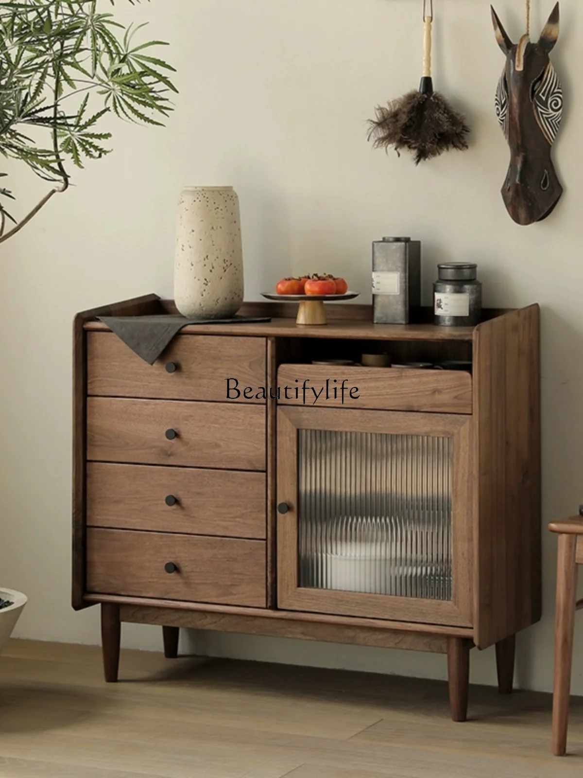 

Black Walnut Color Solid Wood Nordic Locker Integrated Wall Entrance Cabinet