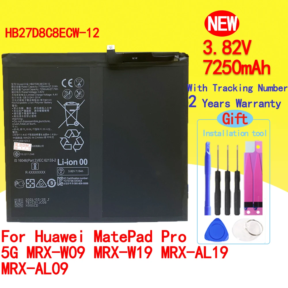 

100% New HB27D8C8ECW-12 7250mAh High Quality Battery For Huawei MatePad Pro 5G MRX-W09 MRX-W19 MRX-AL19 MRX-AL09 Fast Delivery