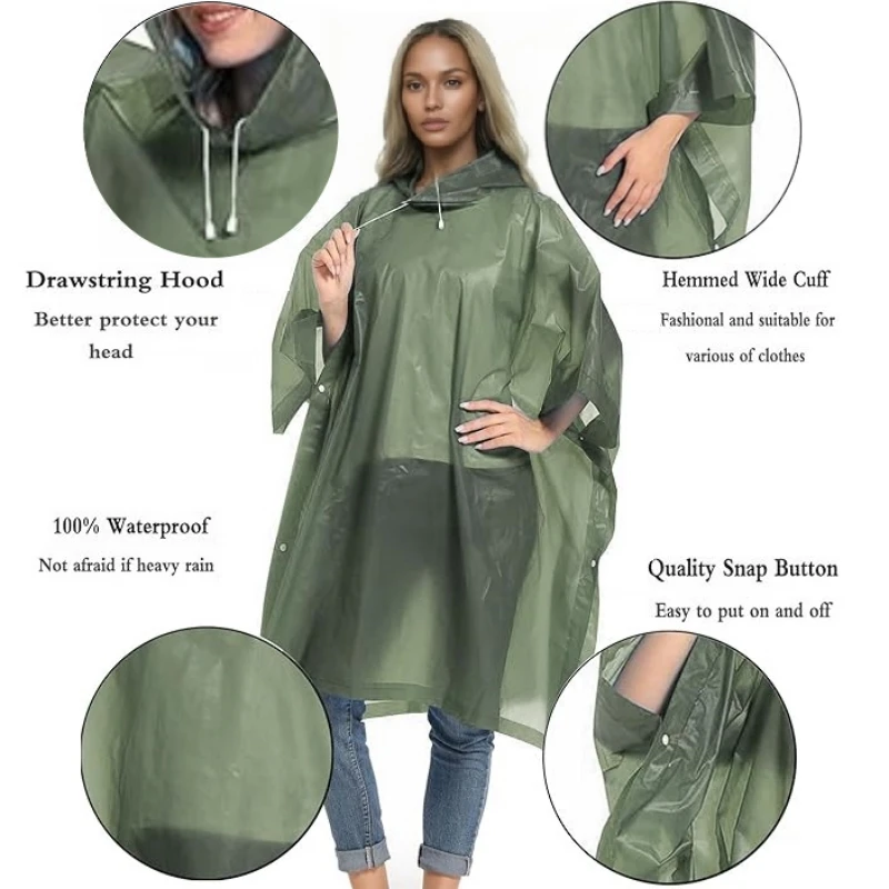 Reusable Rain Ponchos with Drawstring Hood for Adults Waterproof Thicken Rain Coat Outdoor Hiking Raincoat Travel Bicycle Poncho 3