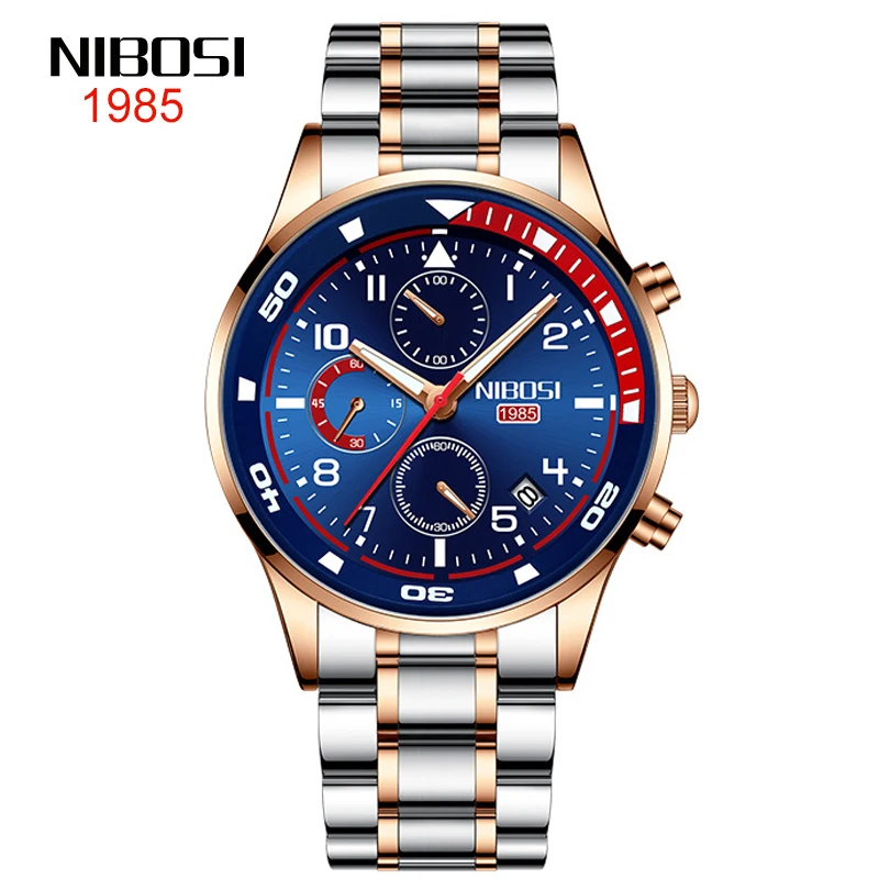 NIBOSI Luxury Chronograph Quartz Watch for Men Stainless Steel Sport Waterproof Luminous Fashion Mens Watches Relogio Masculino
