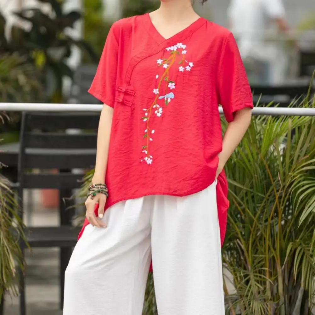 Women Ninth Pants Set Floral Embroidery Women's Top Pants Set with V Neck Wide Leg Ninth Pants Casual Summer Outfit for Spring