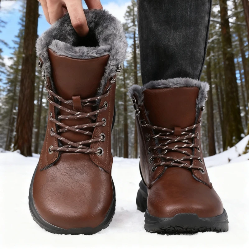 Wide Toe Shoes Snow Boots for Men Winter Fur Lined Ankle Boots Non-Slip Platform Causal Warm Shoes Lace-Up Cold Weather Boots