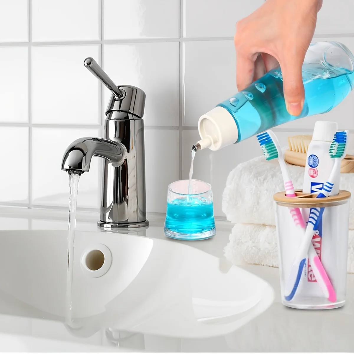 Mouthwash Dispenser Bottle Multifunctional Dispensing Refillable Glass Mouthwash Dispenser with Lid Portable Bathroom Countertop Container