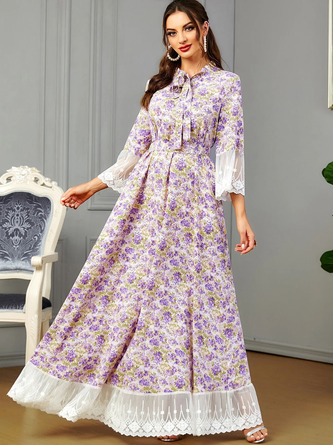

Morocco Muslim Party Dress Women Abaya Eid Floral Print Ramadan Lace-up Shirt Dresses Lace Sleeve Arab Dubai Robe Moroccan 2023