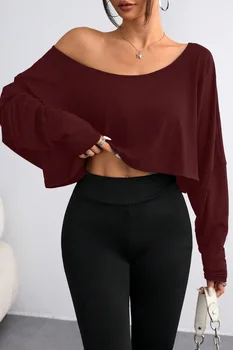 Spring 2025 Women's Loose Collar Base Fashion Crop T-Shirt Long Sleeve Casual Comfortable Line Neckline Solid Short Top 1