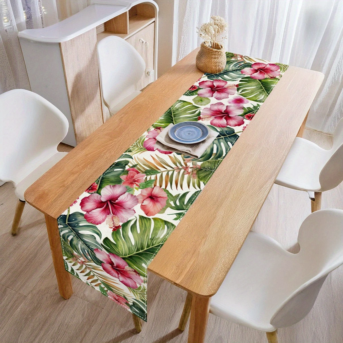 Tropical Floral Leaves Linen Table Runner Wedding Home Party Decor Spring Summer Themed Table Runners Kitchen Dining Table Decor 2