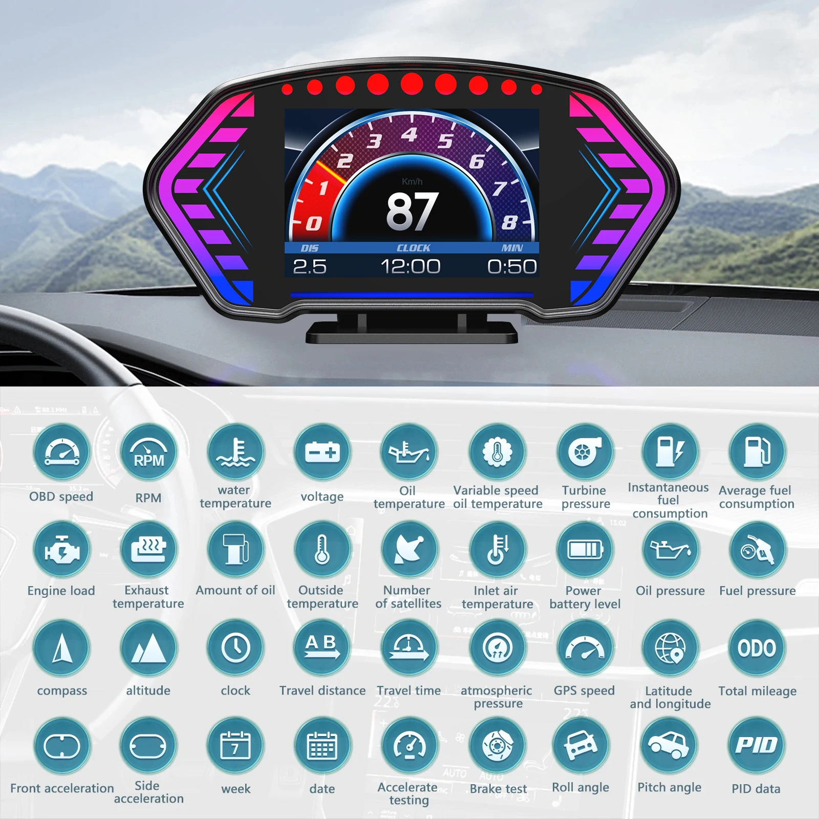 2024 ANCEL P3 HUD  ڵ  ÷, OBD2 GPS Ʈ ڵ HUD ,  OBD ӵ  溸,   ⸧ µ RPM