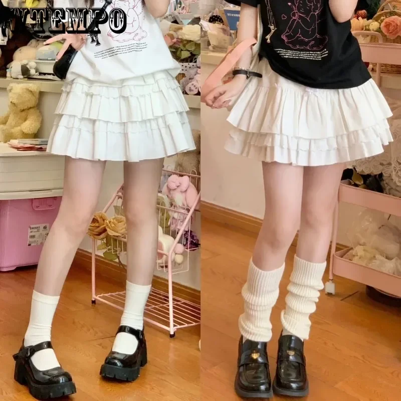 

White Pleated Skirt Women's Lace Folds Hem Sweet Cute Lace-up Elastic Waist Built in Shorts Preppy Style Spring Summer Wholesale