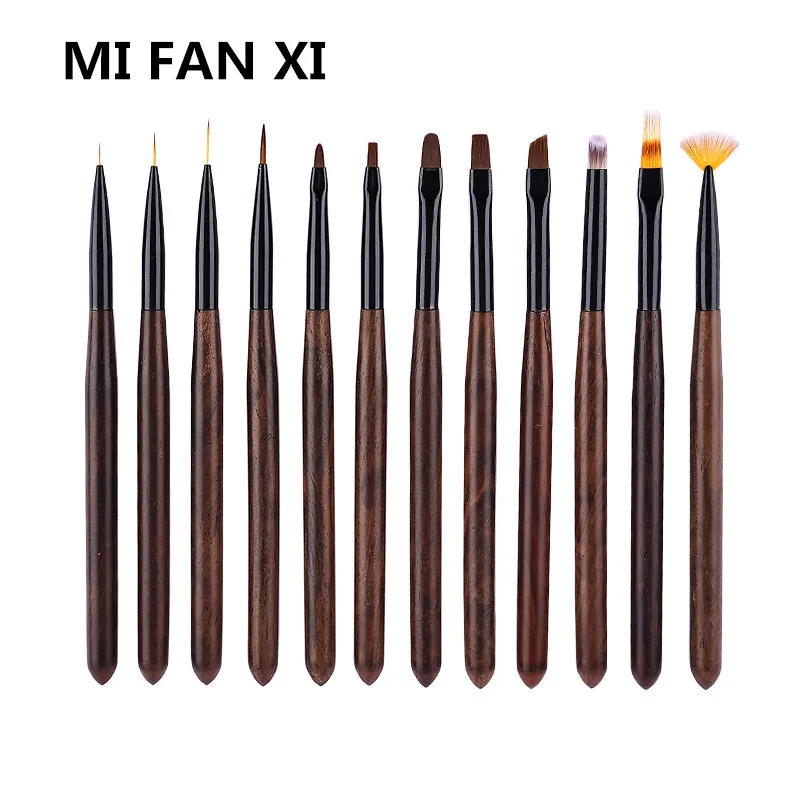 

12 Style Wooden Handle Crystal UV Gel Nail Brush Acrylic Liner Carved Gradient Drawing Pen For Nails Manicure Tools
