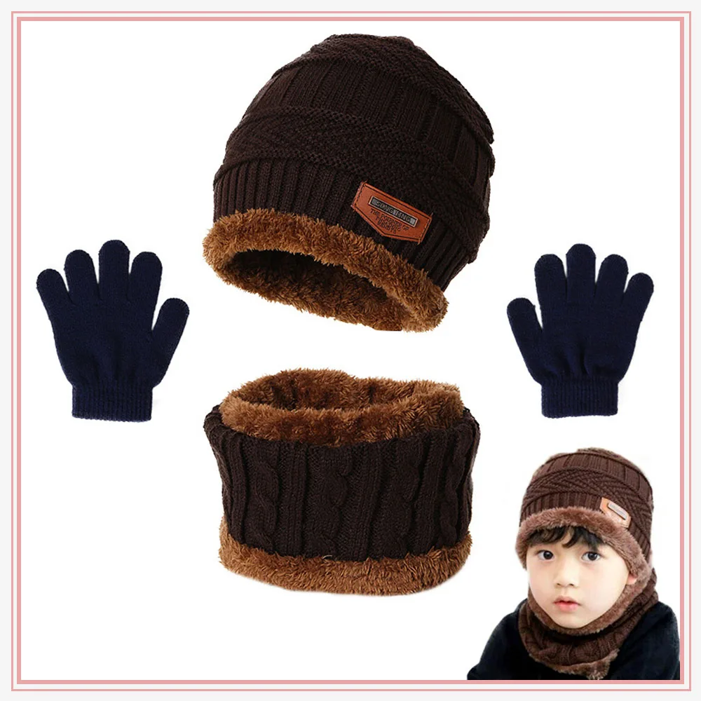 Winter Hat Suit Scarf and Gloves Set Plush Warmer Children Knitted Hat Babys Boys Beanies Cap Neck Scarf Glove for Kid Accessori